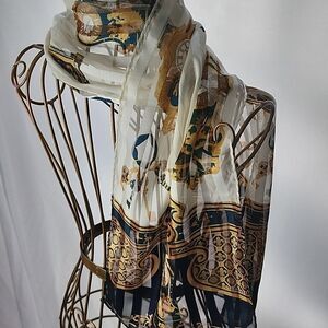 Vintage Liz Claiborne Clock Keys Scarf With Metallic Gold Thread